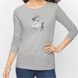 Talbots Top Size Medium Petite Womens Gray Beaded Reindeer Deer Holiday T Shirt